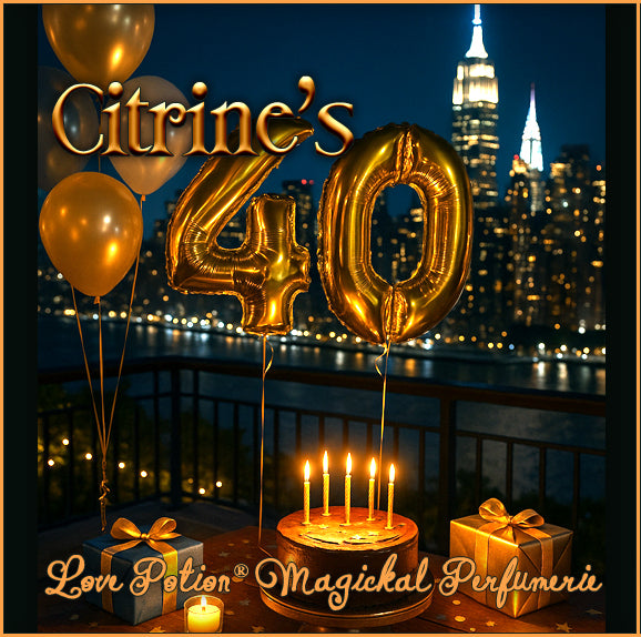 Citrine’s 40 is a burnt caramel perfume. The label shows birthday balloons and a cake overlooking the New York City.