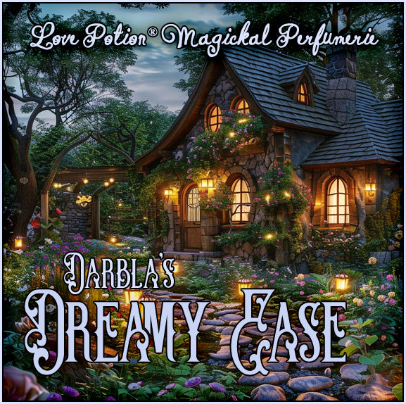 Dreamy Ease perfume promotes sleep and relaxation. The label art shows a cottage covered in greenery in the forest at sunset.