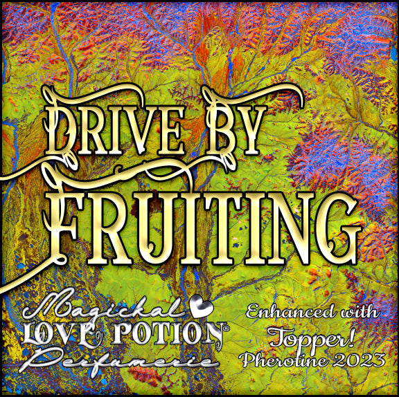 Drive by Fruiting with Topper pheromone perfume spray for women. Label shows blue, pink, and yellow tie-dye.