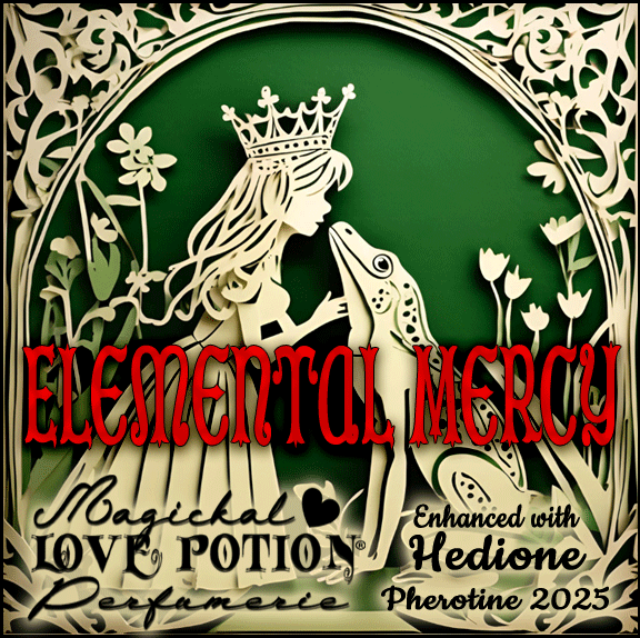 Elemental Mercy with Hedione pheromone perfume smells like forests in the PNW. Label shows a princess kissing a frog.