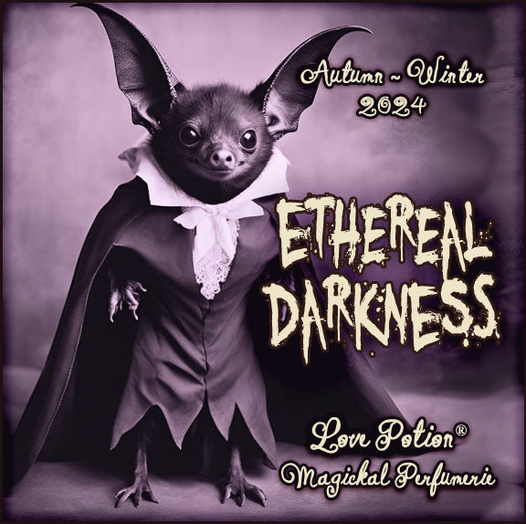 Ethereal Darkness clean perfume smells like dried fruits rolled in cocoa powder. Label art features a vampire bat.