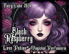Love Potion black raspberry cake perfume for fairies. Label features a goth girl with raspberries in her hair.