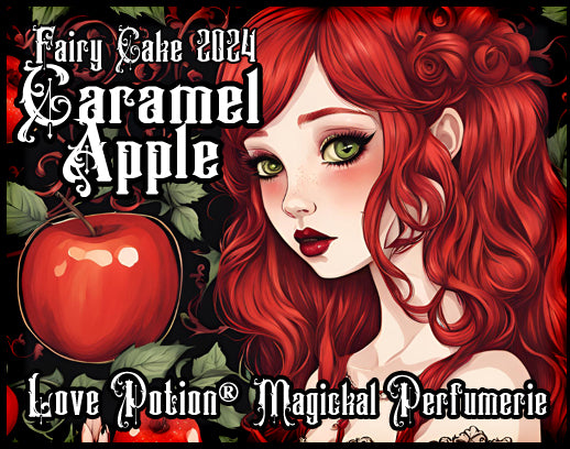 Love Potion caramel apple perfume for fairies. Label features a redhaired lady in an apple orchard.