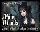 Love Potion fairy woods perfume for fairies. Label features a fairy with black wings and roses.
