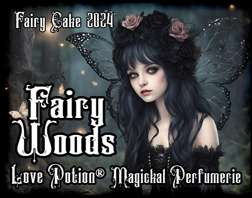 Love Potion fairy woods perfume for fairies. Label features a fairy with black wings and roses.