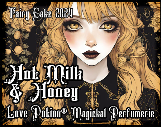 Love Potion hot milk and honey cake perfume for fairies. Label features a blonde lady with yellow roses.