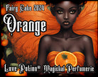 Love Potion orange cake perfume for fairies. Label features a fairy with orange wings holding an orange.