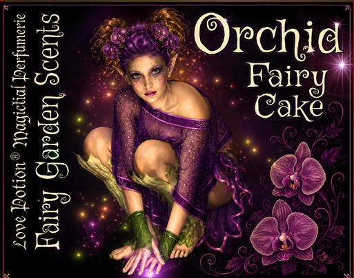 Label for our Orchid Fairy Cake perfume, featuring a gourmand orchid scent. The label art shows a purple fairy crouching with orchids and fireflies.