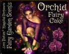 Label for our Orchid Fairy Cake perfume, featuring a gourmand orchid scent. The label art shows a purple fairy crouching with orchids and fireflies.