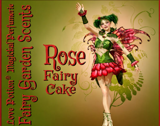 Label art for our Rose Fairy Cake perfume featuring a gourmand rose scent. The label shows a green and pink fairy waving.