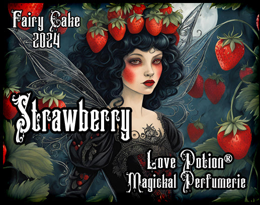 Love Potion strawberry cake perfume for fairies. Label features a fairy with a strawberry crown.