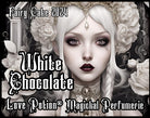 Love Potion white chocolate cake perfume for fairies. Label features a lady with white flowers and a crown.