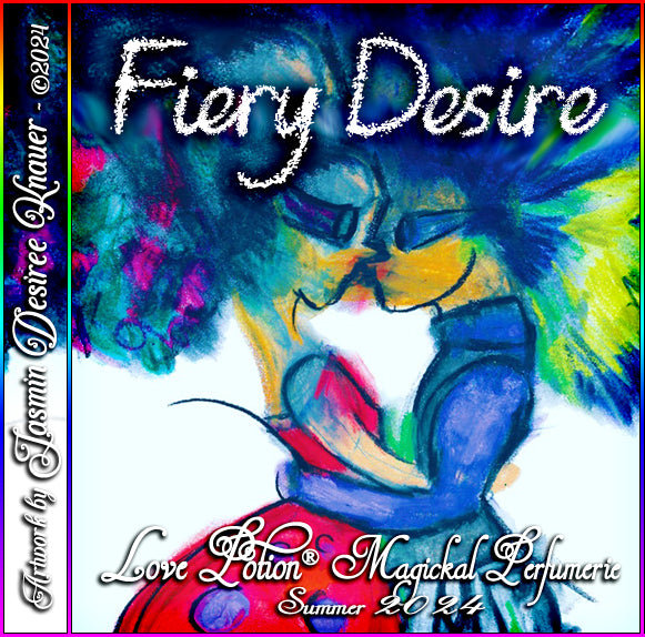 Fiery Desire unisex summer fragrance focuses on coconut and ginger grass. The label art features two characters kissing.