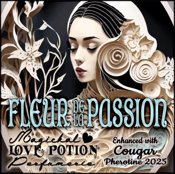 Fleur de la Passion with Cougar pheromone perfume blends fruits with cream and rose. Label shows a woman and flowers.