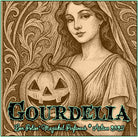 Label for Gourdelia perfume, which smells like pumpkin clove cookies, featuring a woman holding a jack-o-lantern.