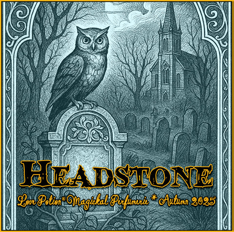 Headstone perfume has an antique, gothic fragrance. The label features an owl in a graveyard near a Victorian Mansion.