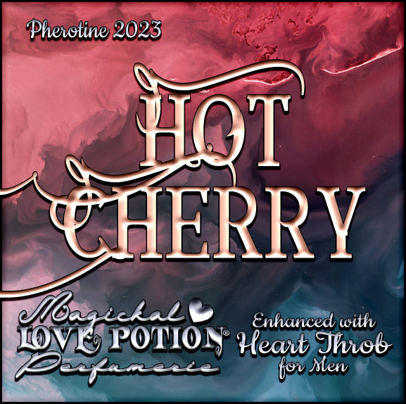 Hot Cherry with Heart Throb resinous cherry pheromone cologne for men. Label shows swirling fuchsia and navy smoke.