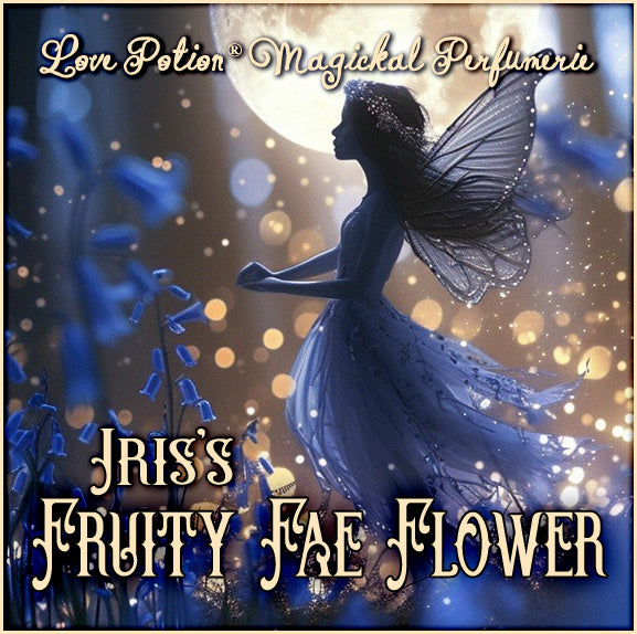 This playful fairy perfume, Fruity Fae Flower, combines red fruits and flowers. The label shows a fairy in the moonlight.