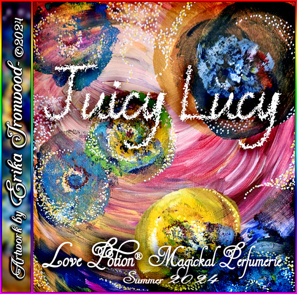 Juicy Lucy summer perfume smells like sunshine, fruits, and musk in an intoxicating blend. Label shows swirls of color.