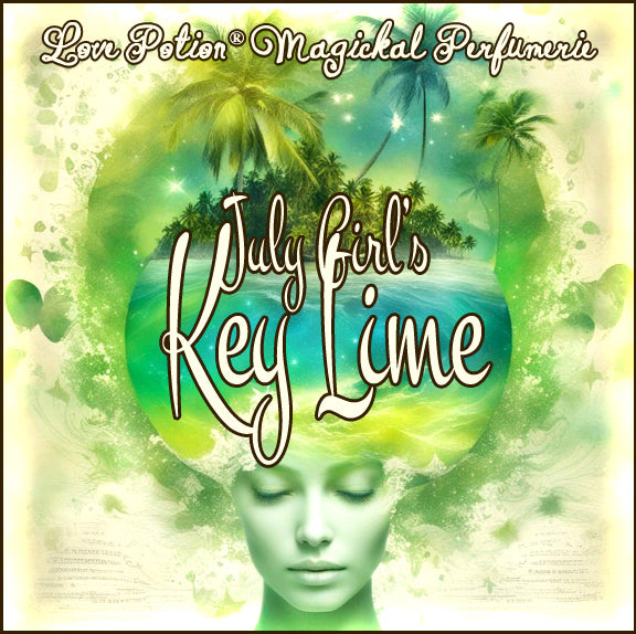 July Girl's Key Lime custom perfume mixes coconut, vanilla, verbena, and lime. Label shows a woman and tropical beach.