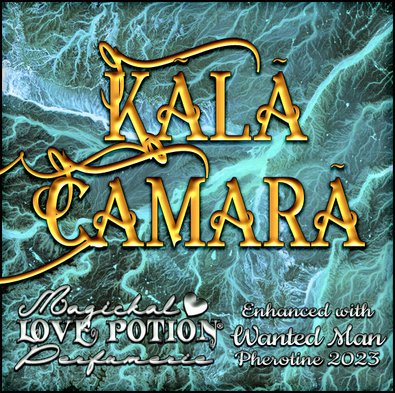 Kala Camara with Wanted Man pheromone cologne for men smells like musky, sexy leather. Label shows aqua topography.
