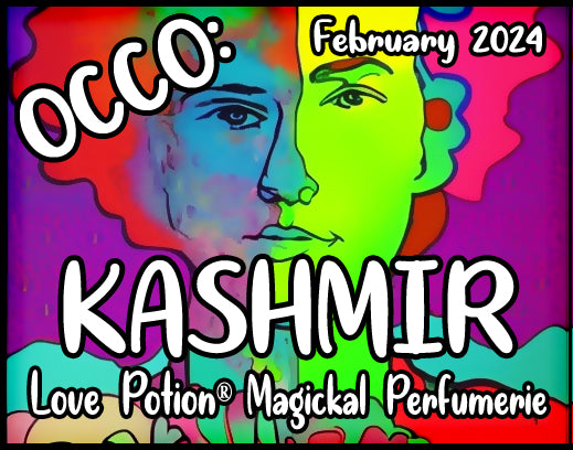 OCCO Kashmir has copulin pheromones and a unisex woodsy cashmere fragrance. Label features a psychedelic man and woman.