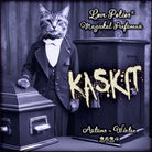 Kaskit clean perfume smells of caramel and the inside of a smoky bourbon cask. Label shows a cat in a tux with a coffin.