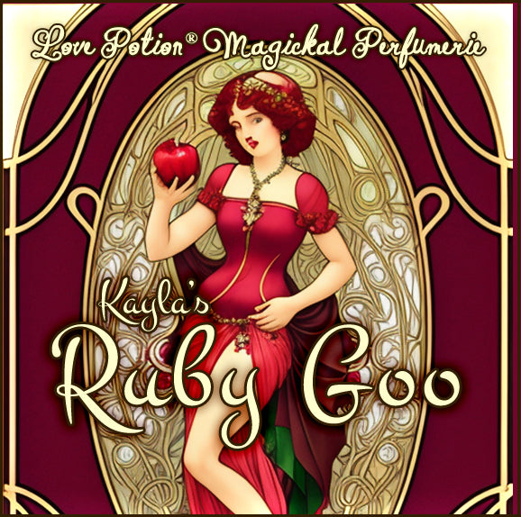 Kayla's Ruby Goo custom perfume drenches apple and apricot with caramel and vanilla. Label shows a woman in a red dress.