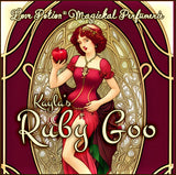 Kayla's Ruby Goo custom perfume drenches apple and apricot with caramel and vanilla. Label shows a woman in a red dress.
