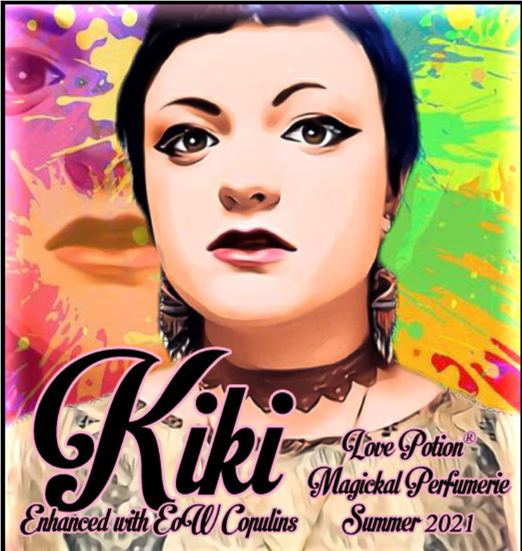 Kiki with copulins pheromone perfume smells like summer coconut, vanilla, and bananas. Label features a young woman.