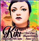 Kiki with copulins pheromone perfume smells like summer coconut, vanilla, and bananas. Label features a young woman.