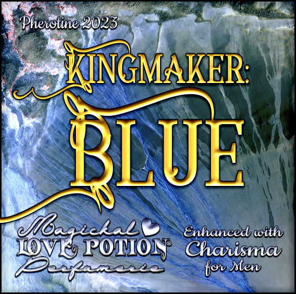Kingmaker: Blue with Charisma for Men pheromone cologne adds summer water to spicy resins. Label shows icy topography.