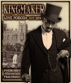 Love Potion label for Kingmaker, featuring elegantly dressed man in a top hat with a castle background.