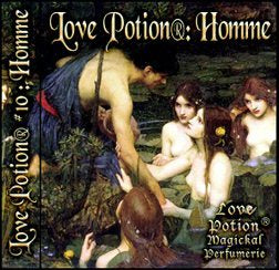 Love Potion: Homme label featuring classical artwork of a man leaning over the water surrounded by adoring naiads.