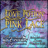 Love Potion Pink Lace soft feminine fruity fragrance with lace pheromones. Label art shows blue and pink topography.