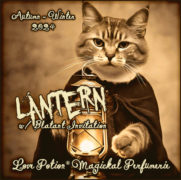 Lantern with Blatant Invitation pheromone perfume smells of sweet butterscotch pumpkin. Label has a cat with a lantern.