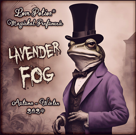 Lavender Fog clean perfume adds lavender and bergamot to black and white tea. Label shows a frog in a suit and top hat.