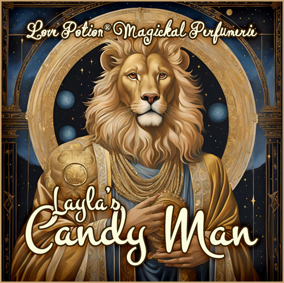 Layla’s Candy Man custom unisex perfume combines sweet, spicy, and musky notes. Label features a lion-headed man.