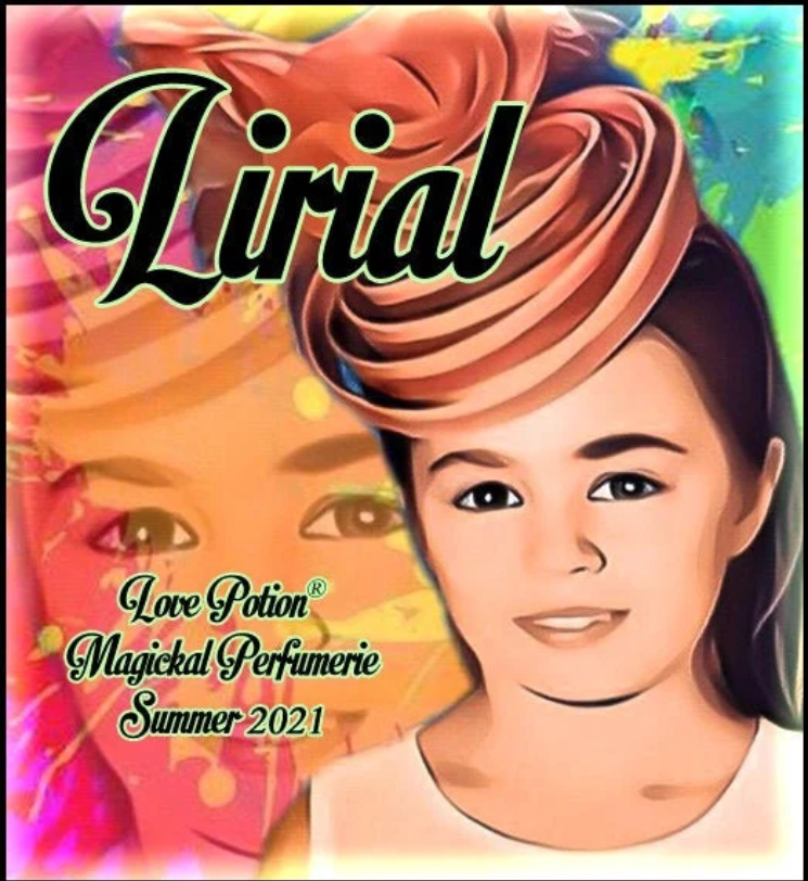 Lirial summer perfume smells like a tropical cupcake. The label art features a young woman with a swirly hat.