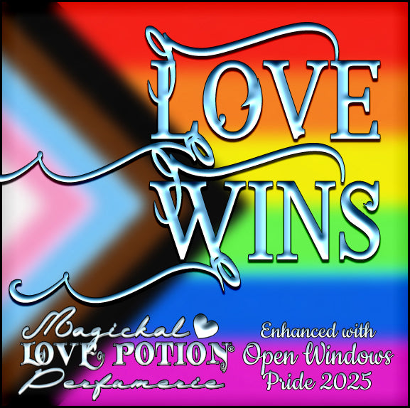 Love Wins fragrance with Open Windows pheromones mixes resins, musk, and more for a warm and uplifting scent. Label art features the pride flag.