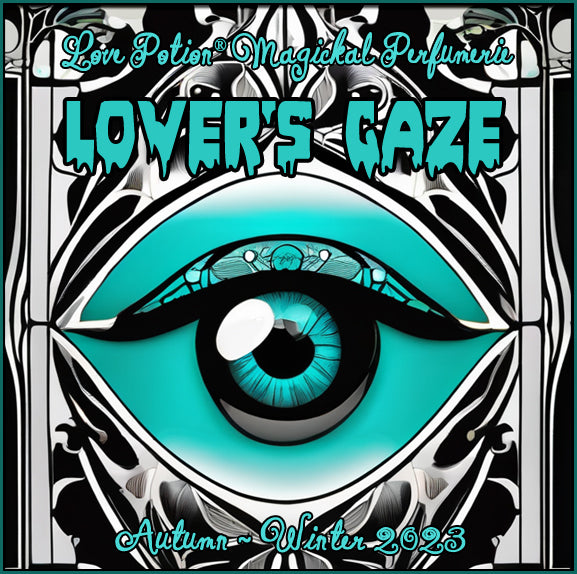 Lover's Gaze unisex perfume for everyone smells like a crisp drizzle during an autumn stroll. Label shows a teal eye.