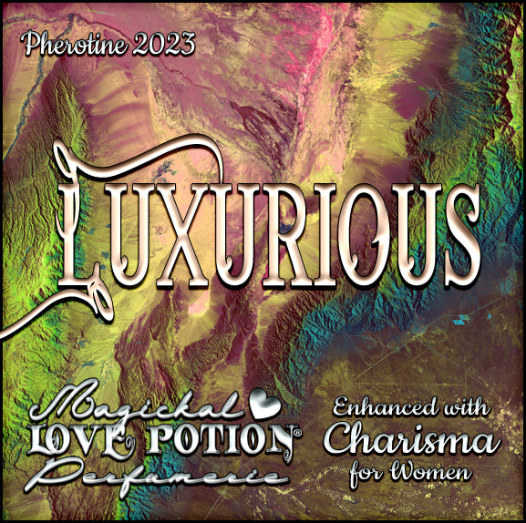 Luxurious with Charisma for Women fruity floral pheromone perfume. Label shows ruby and green mountain topography.