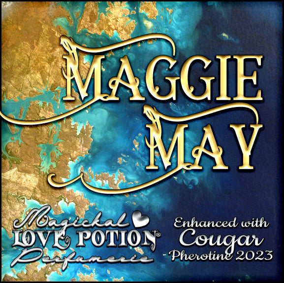 Maggie May with Cougar pheromone perfume for women smells like tropical plants. Label shows blue and brown ocean coast.