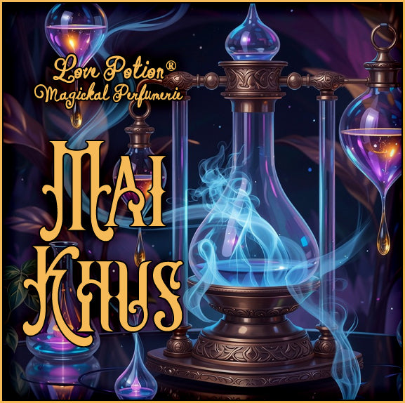 Mai Khus perfume mimics the Khus Khus potion for grounding and prosperity. The label shows colorful, exotic smoke & bottles.