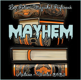 Mayhem unisex perfume for everyone smells like old books, booze, and citrus. Label shows stacked orange and black books.
