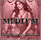 Medium is a clairvoyance potion blending various resins and incense. The label shows a woman using a crystal ball and cards.