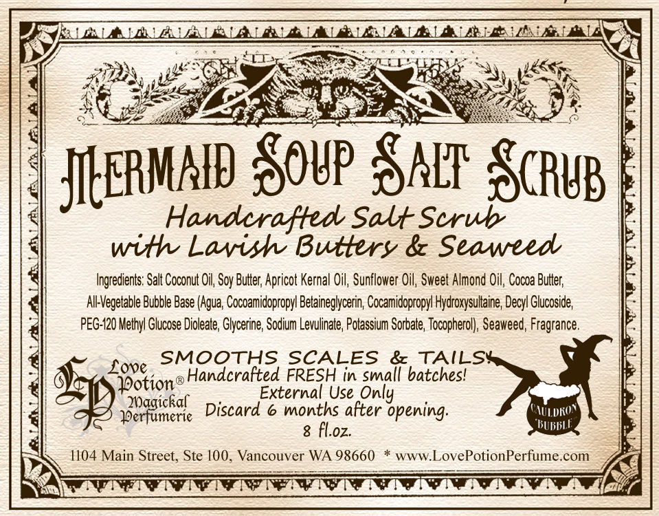 Mermaid Soup Salt Scrub handmade with butters and seaweed. Label looks like old fashioned script on aged paper.