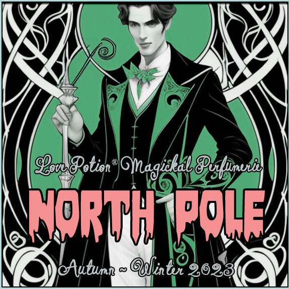 North Pole unisex perfume for everyone smells like woodsy iced gingerbread. Label shows a man in a black and mint suit.