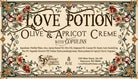 Label for Love Potion Olive & Apricot Creme with copulins. This lovely body cream is packed with nutrients that leave skin feeling dewy and youthful.