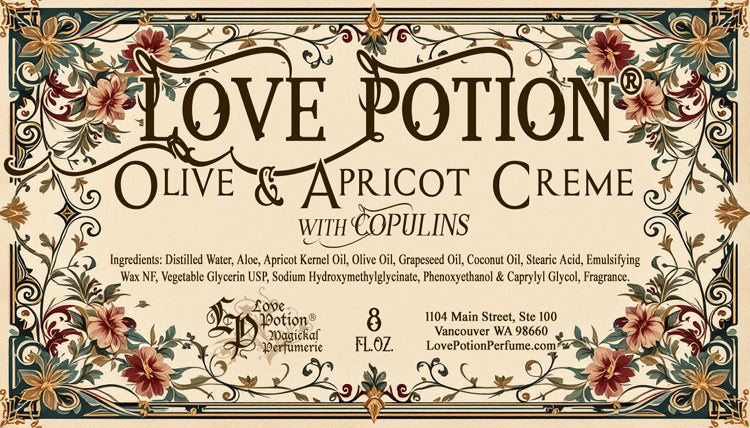 Label for Love Potion Olive & Apricot Creme with copulins. This lovely body cream is packed with nutrients that leave skin feeling dewy and youthful.
